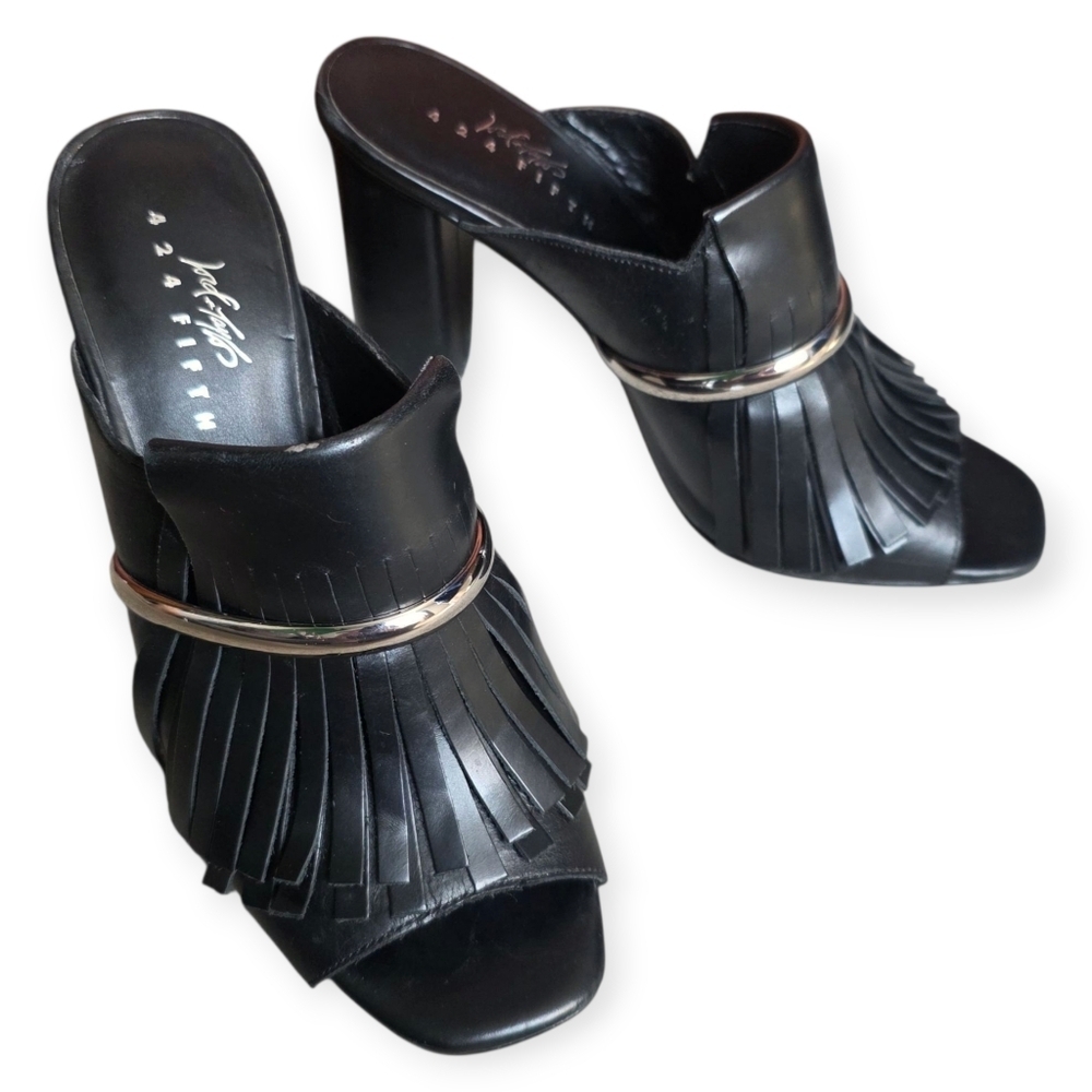Lord & Taylor 424 Fifth Candis Fringe Heels, Black, Size 7M
